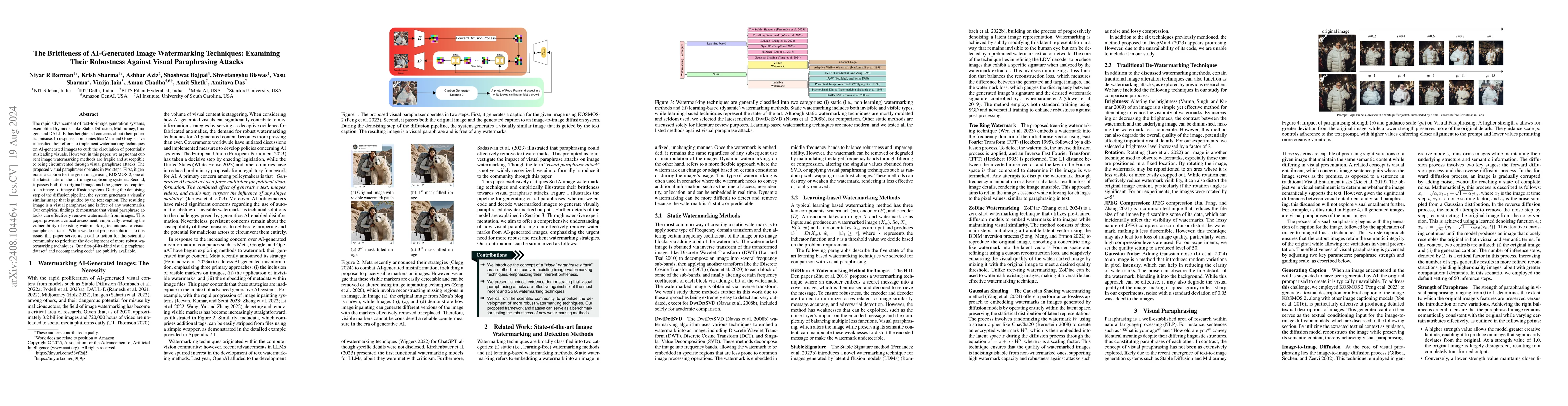 Thumbnail for The Brittleness of AI-Generated Image Watermarking Techniques: Examining
  Their Robustness Against Visual Paraphrasing Attacks