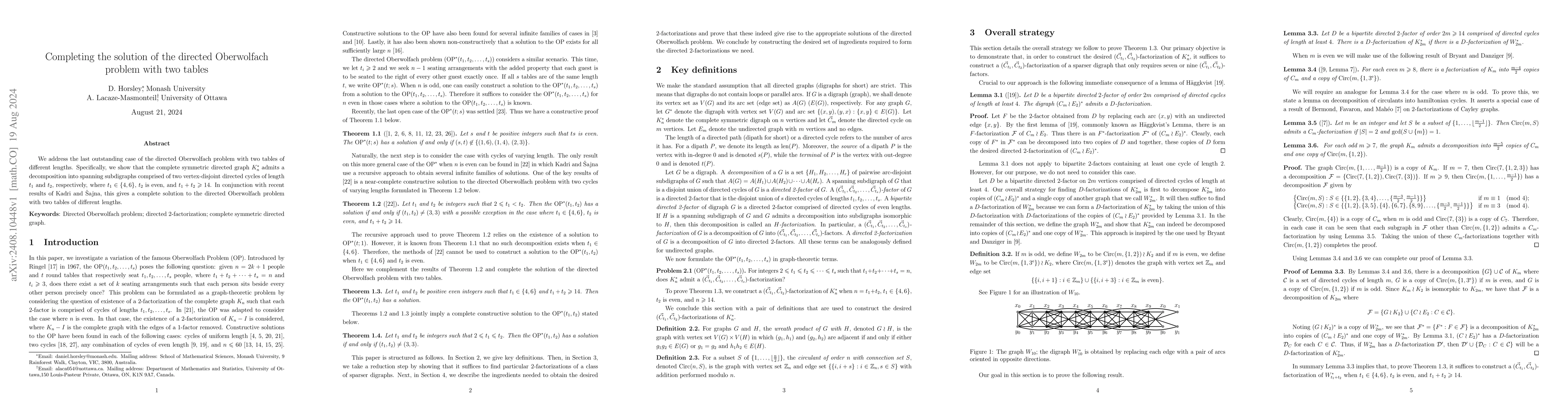 Thumbnail for Completing the solution of the directed Oberwolfach problem with two
  tables