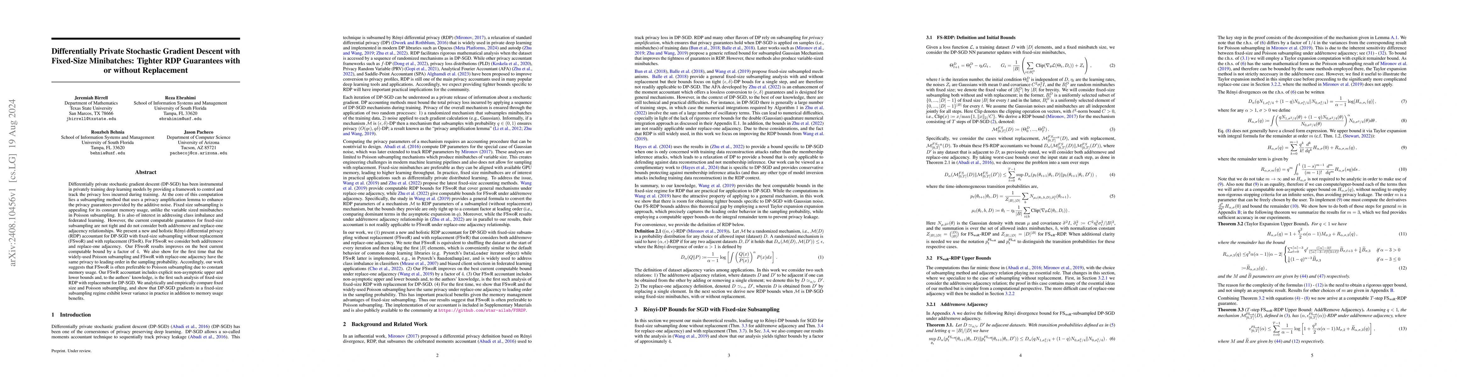 Thumbnail for Differentially Private Stochastic Gradient Descent with Fixed-Size
  Minibatches: Tighter RDP Guarantees with or without Replacement