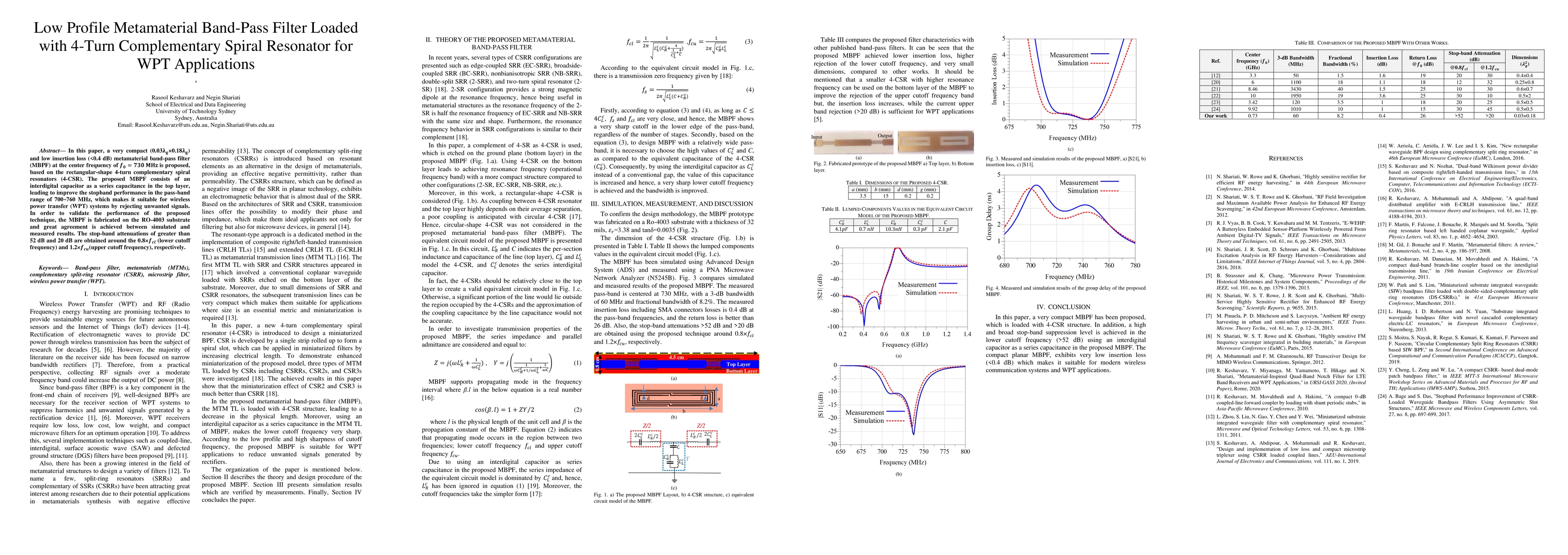 Thumbnail for Low Profile Metamaterial Band-Pass Filter Loaded with 4-Turn
  Complementary Spiral Resonator for WPT Applications