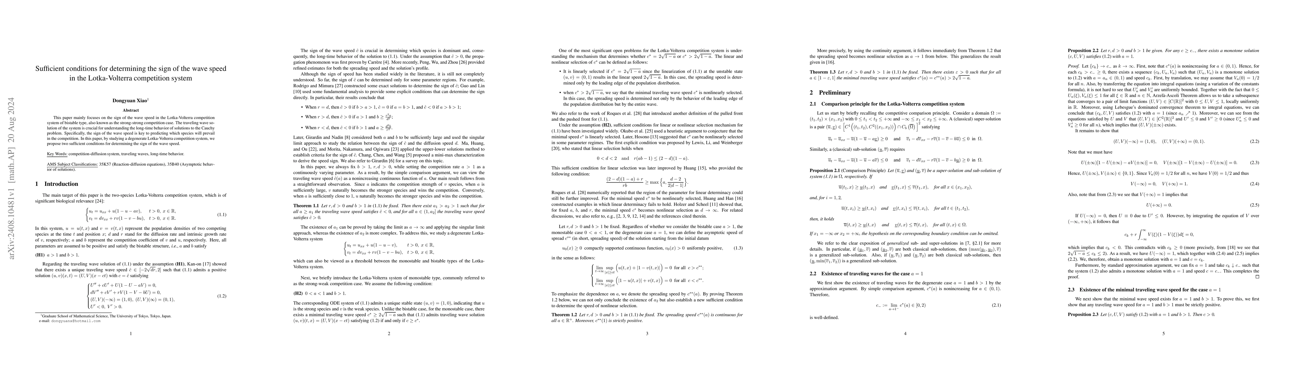 Thumbnail for Sufficient conditions for determining the sign of the wave speed in the
  Lotka-Volterra competition system