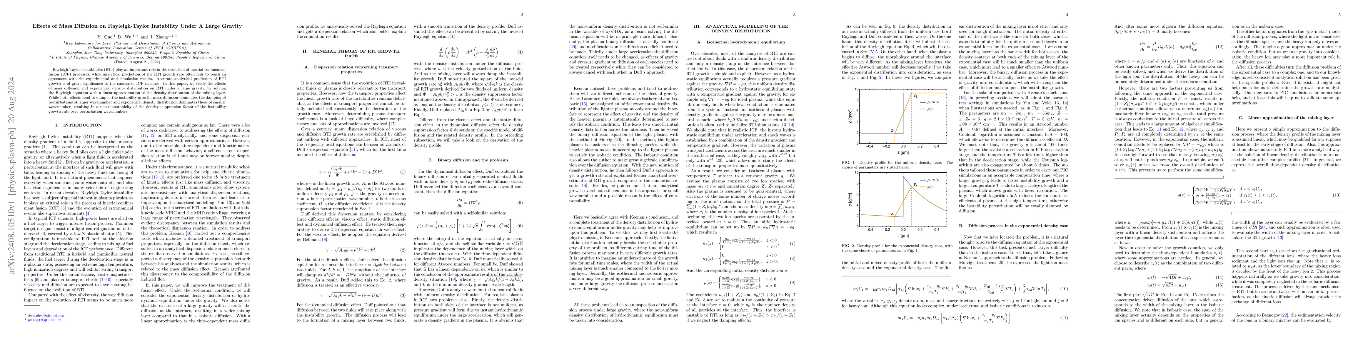 Thumbnail for Effects of Mass Diffusion on Rayleigh-Taylor Instability Under A Large
  Gravity