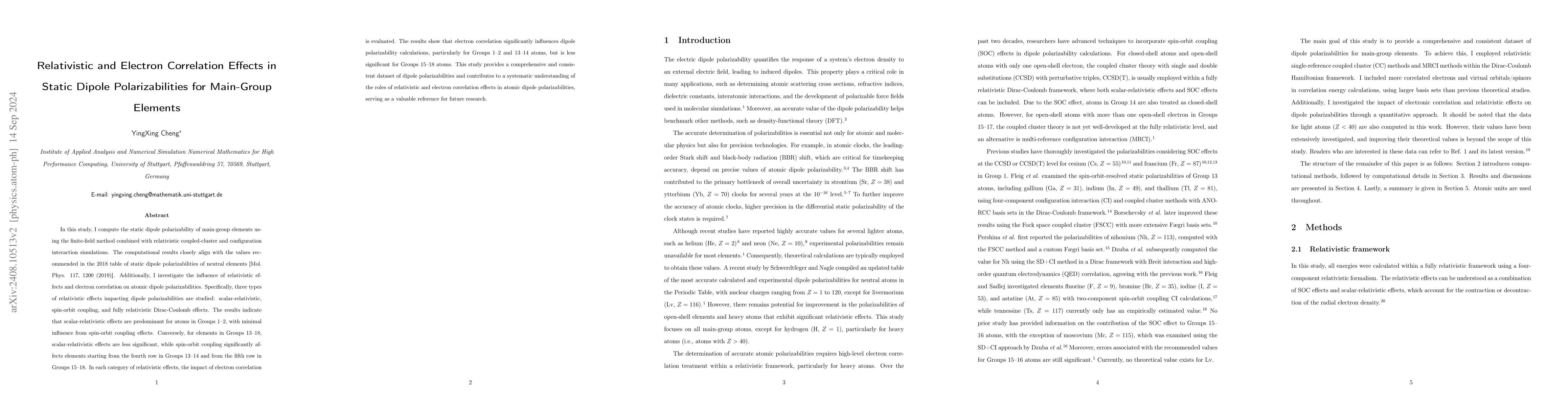 Thumbnail for Relativistic and Electron Correlation Effects in Static Dipole
  Polarizabilities for Main-Group Elements