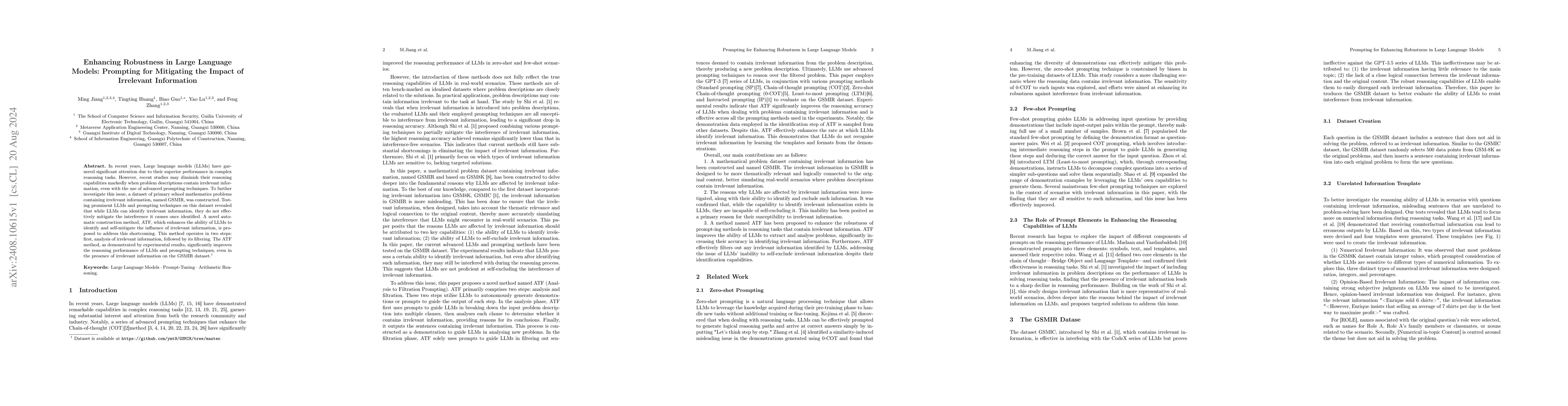 Thumbnail for Enhancing Robustness in Large Language Models: Prompting for Mitigating
  the Impact of Irrelevant Information