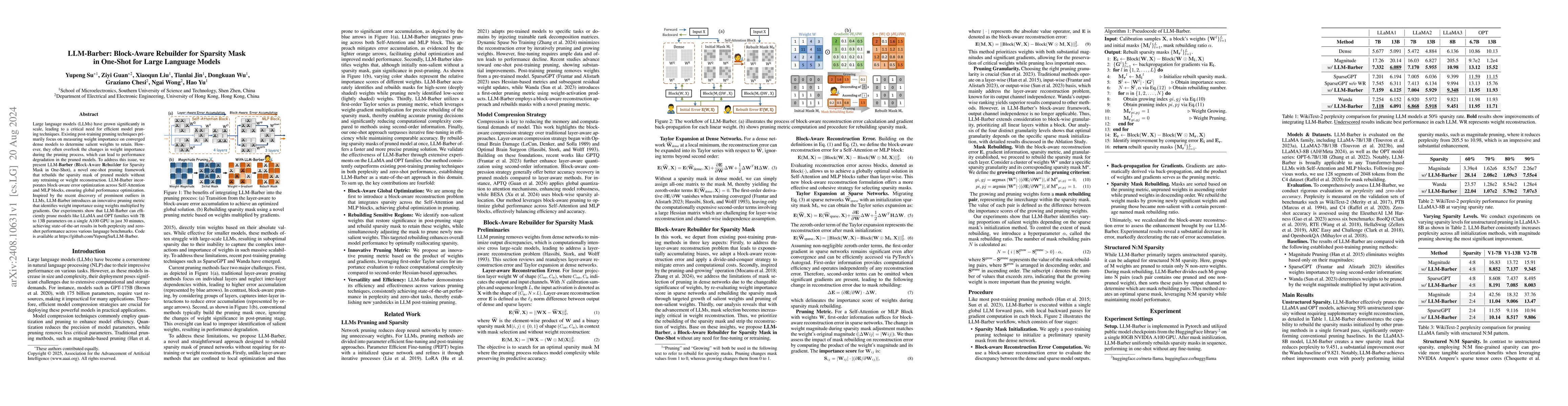 Thumbnail for LLM-Barber: Block-Aware Rebuilder for Sparsity Mask in One-Shot for
  Large Language Models