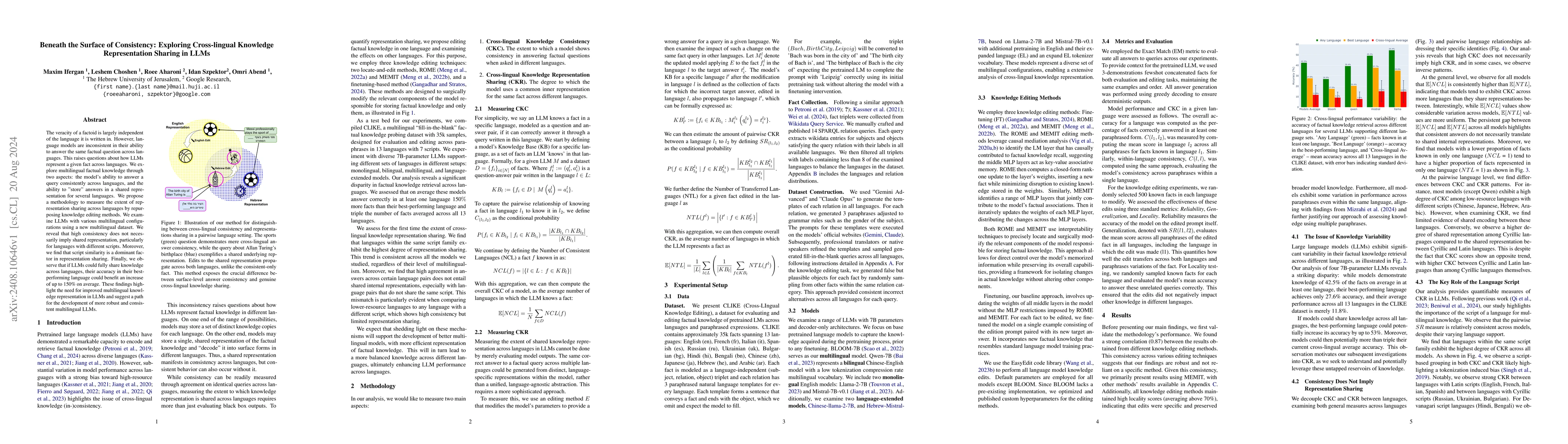 Thumbnail for Beneath the Surface of Consistency: Exploring Cross-lingual Knowledge
  Representation Sharing in LLMs