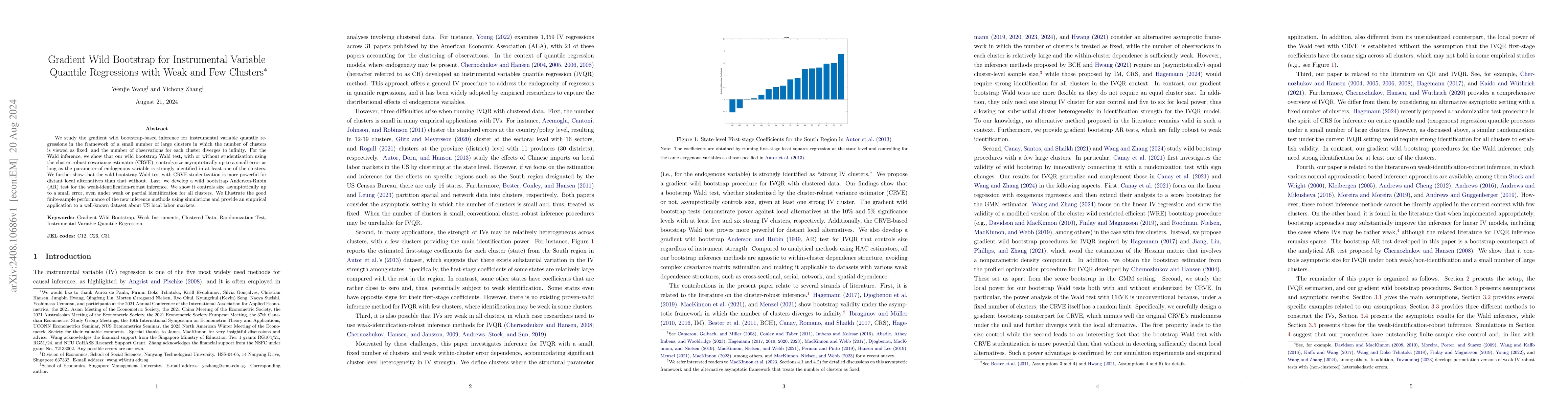 Thumbnail for Gradient Wild Bootstrap for Instrumental Variable Quantile Regressions
  with Weak and Few Clusters