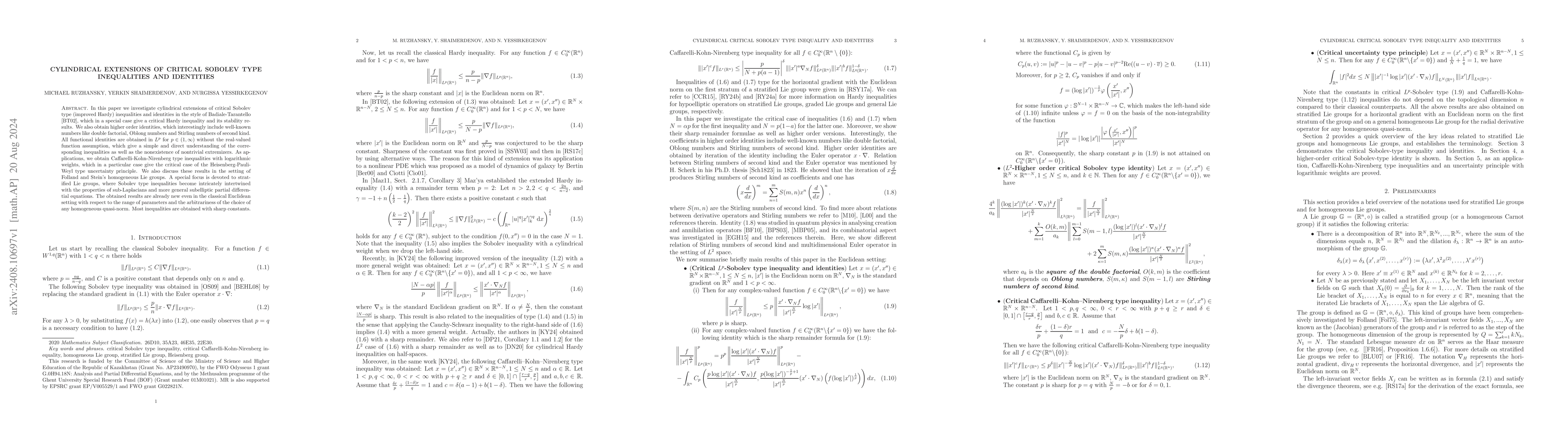 Thumbnail for Cylindrical extensions of critical Sobolev type inequalities and
  identities
