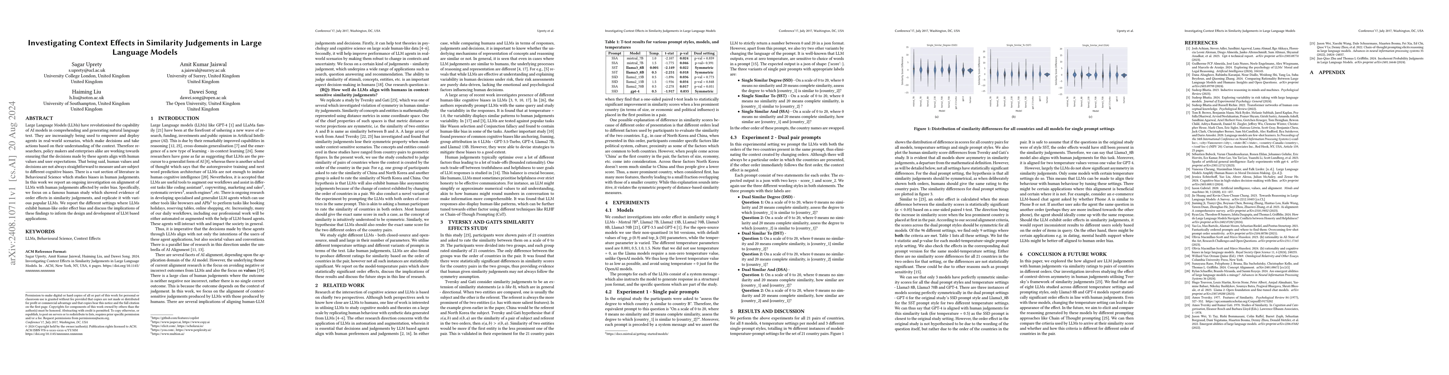 Thumbnail for Investigating Context Effects in Similarity Judgements in Large Language
  Models