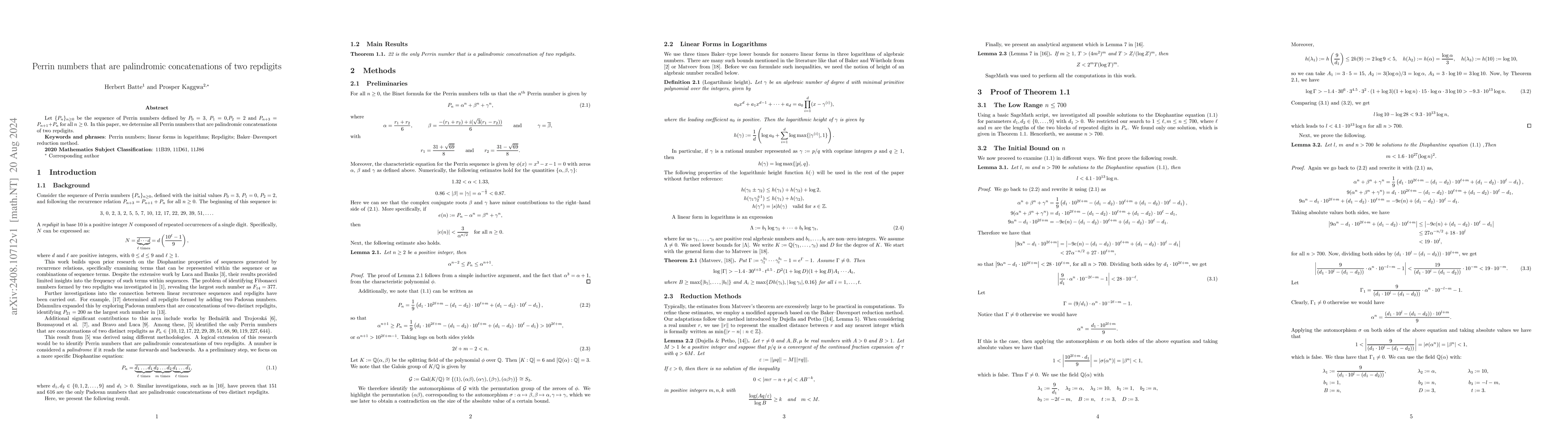 Thumbnail for Perrin numbers that are palindromic concatenations of two repdigits