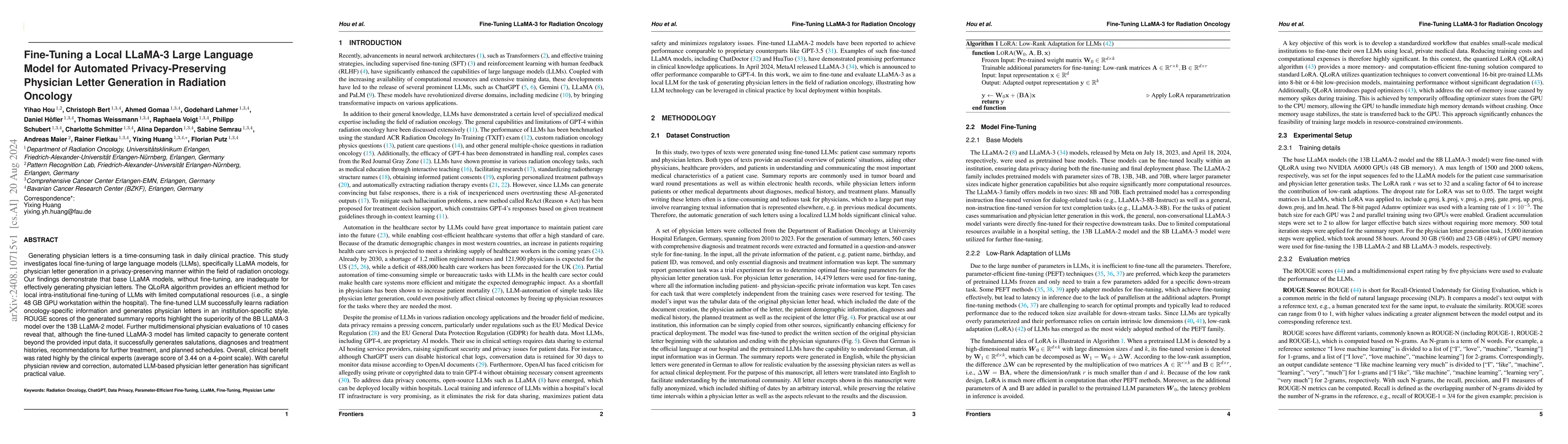 Thumbnail for Fine-Tuning a Local LLaMA-3 Large Language Model for Automated
  Privacy-Preserving Physician Letter Generation in Radiation Oncology