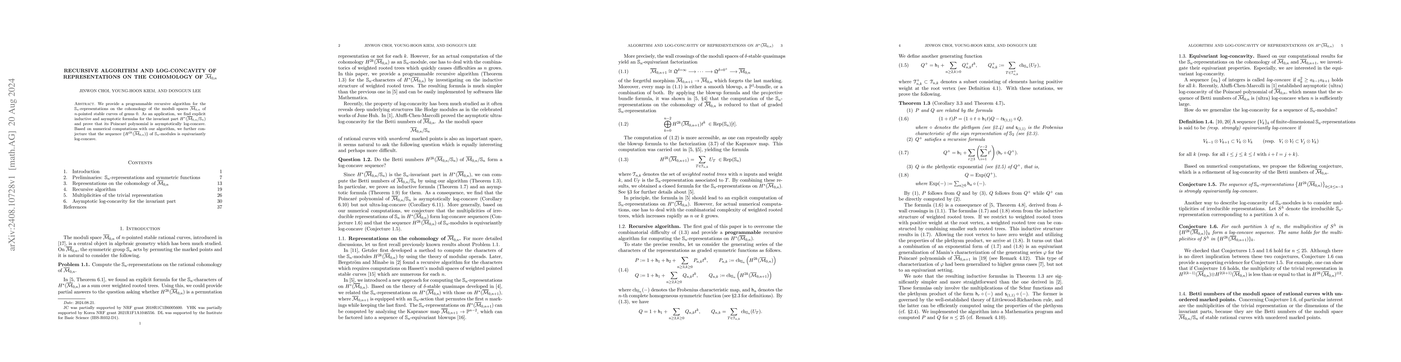 Thumbnail for Recursive algorithm and log-concavity of representations on the
  cohomology of $\overline{\mathcal M}_{0,n}$