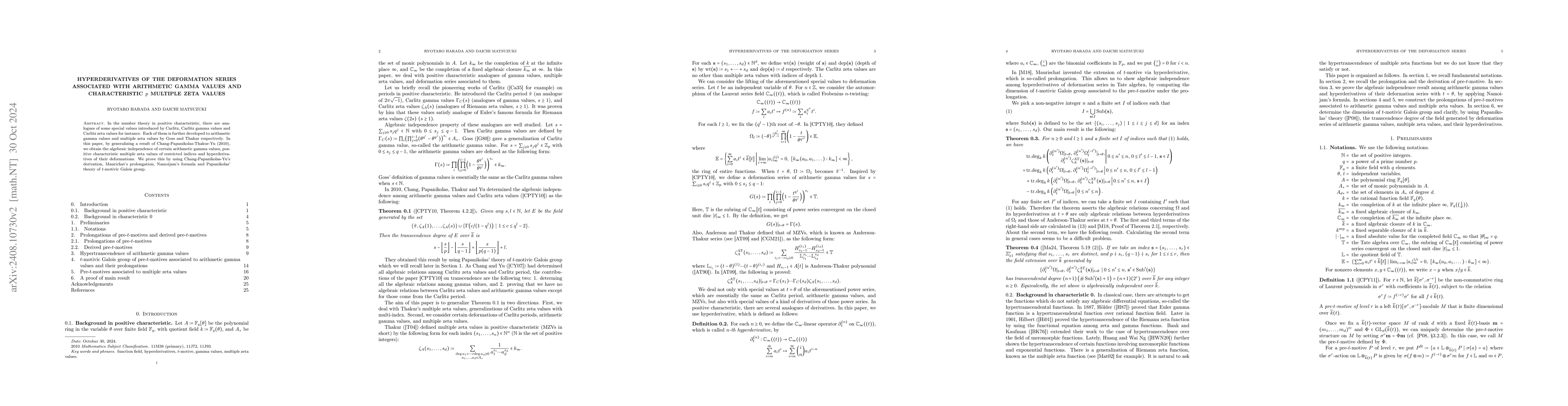 Thumbnail for Hyperderivatives of the deformation series associated with arithmetic
  gamma values and characteristic $p$ multiple zeta values