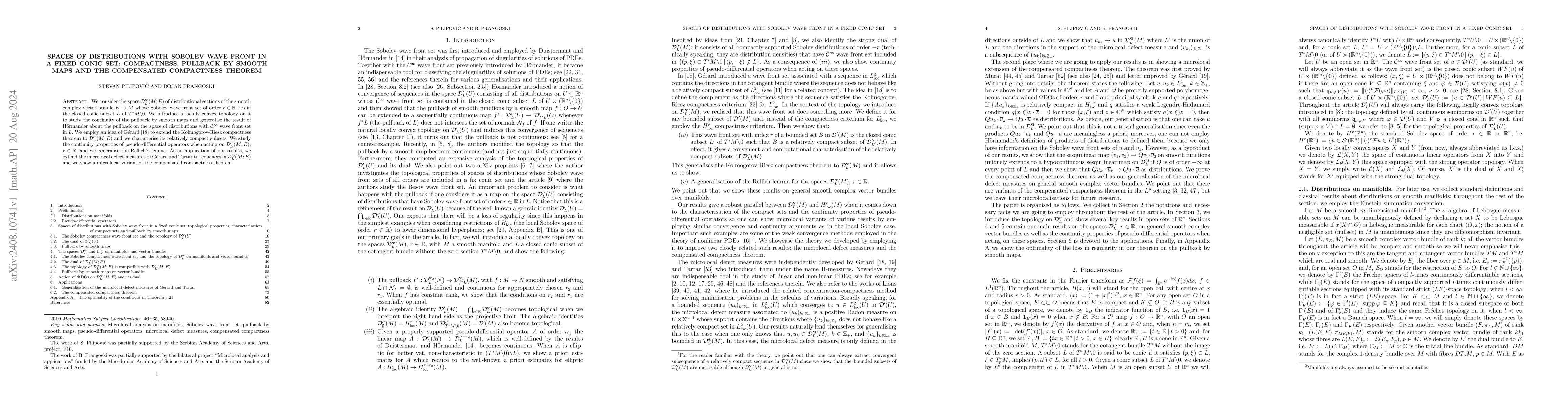 Thumbnail for Spaces of distributions with Sobolev wave front in a fixed conic set:
  compactness, pullback by smooth maps and the compensated compactness theorem