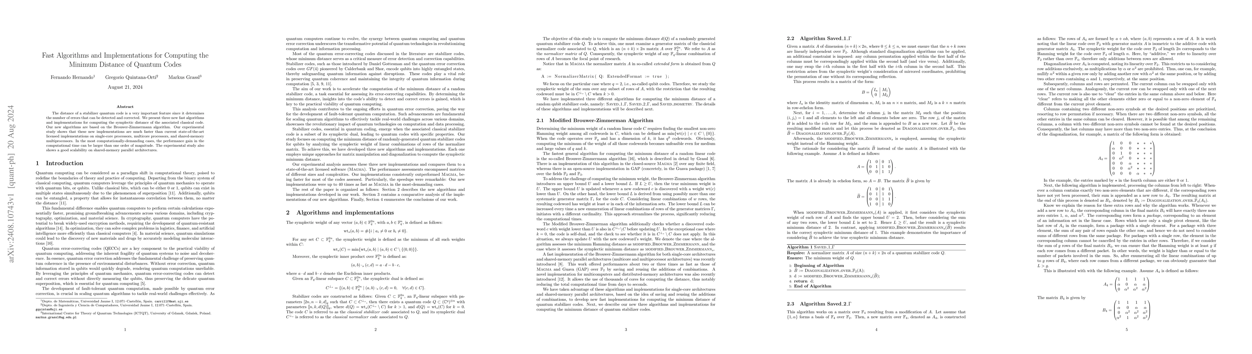 Thumbnail for Fast Algorithms and Implementations for Computing the Minimum Distance
  of Quantum Codes