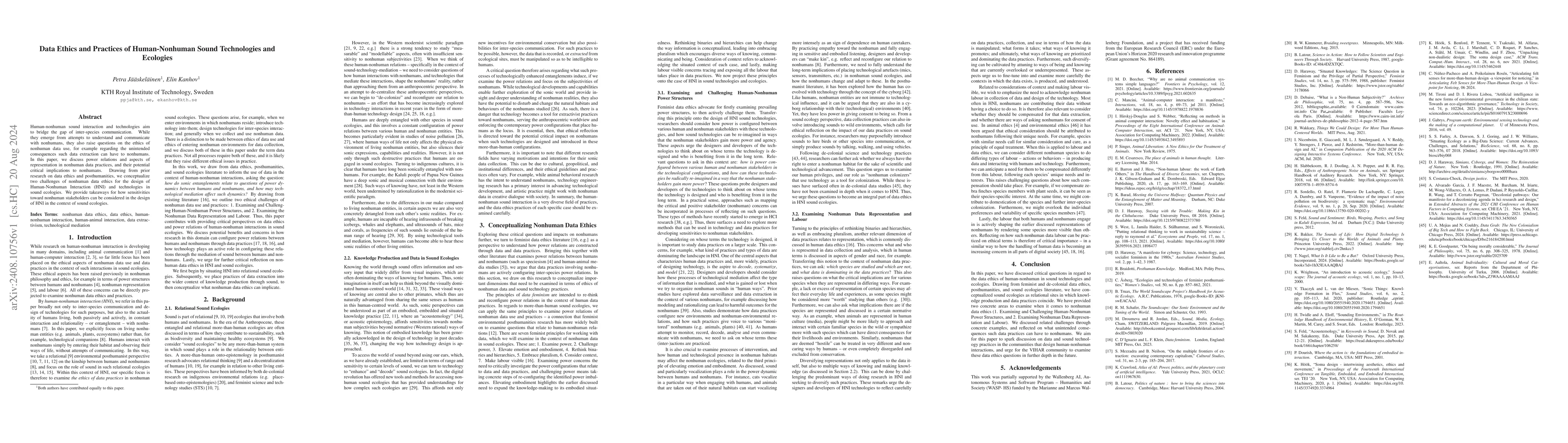 Thumbnail for Data Ethics and Practices of Human-Nonhuman Sound Technologies and
  Ecologies
