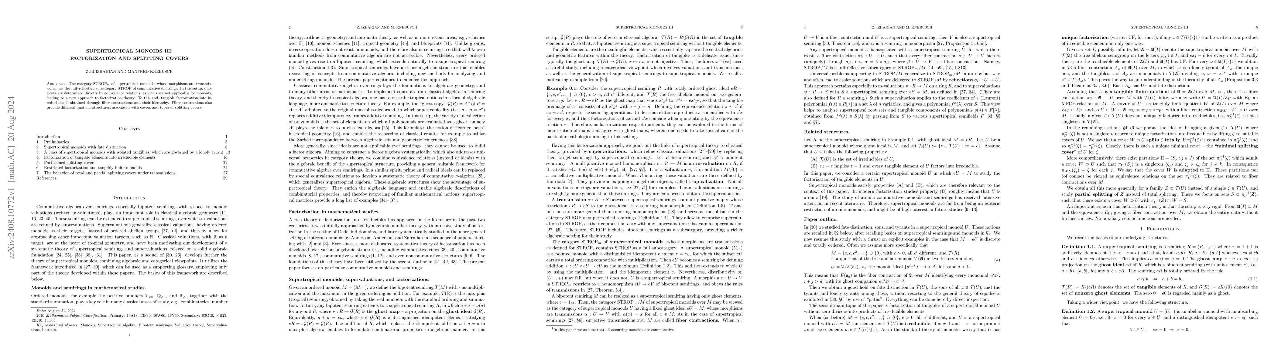 Thumbnail for Supertropical Monoids III: Factorization and splitting covers