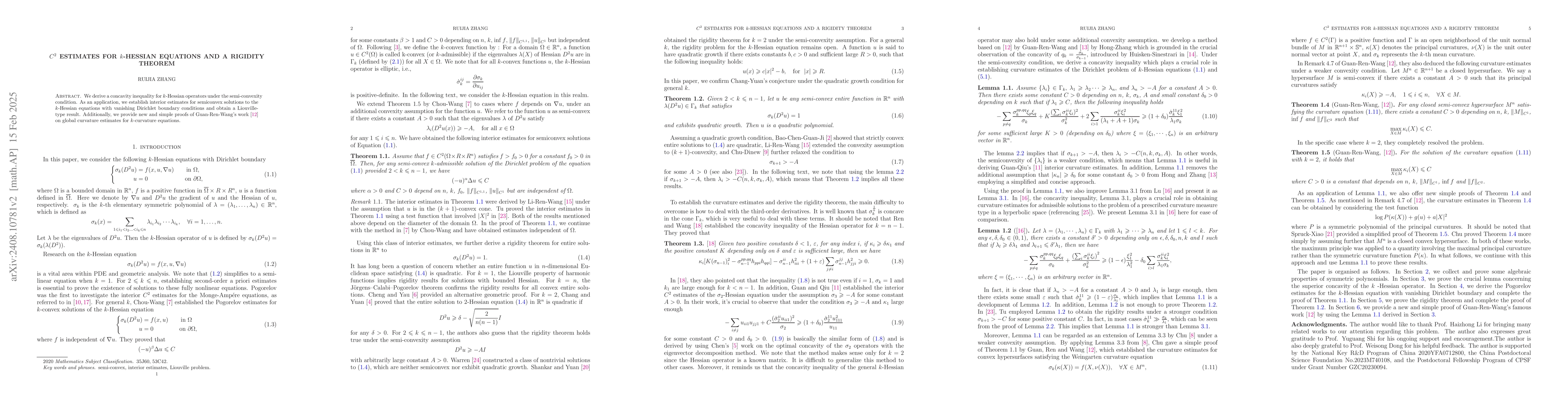 Thumbnail for $C^2$ estimates for $k$-Hessian equations and a rigidity theorem