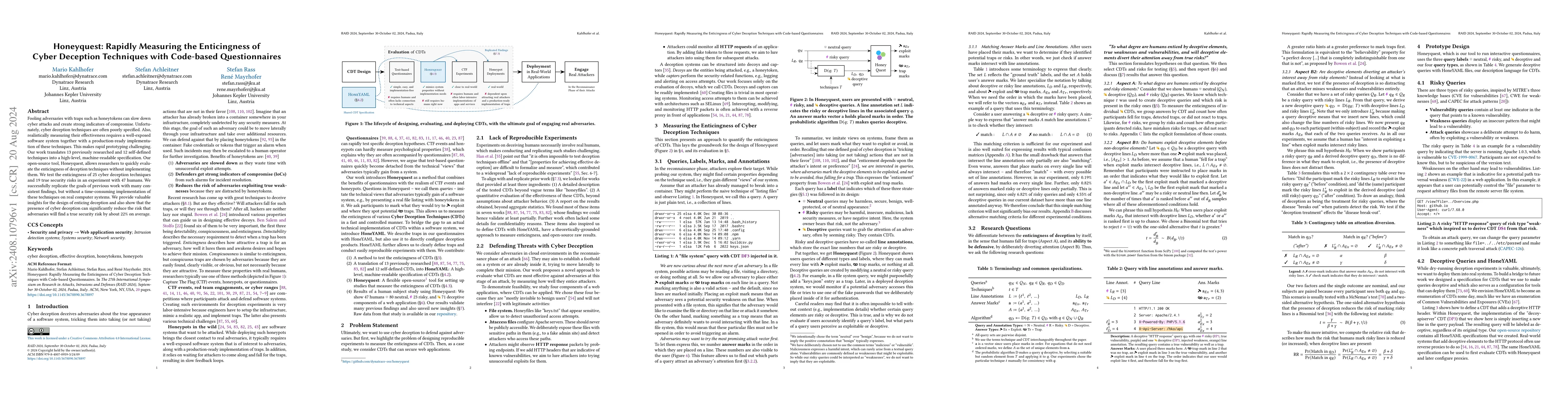 Thumbnail for Honeyquest: Rapidly Measuring the Enticingness of Cyber Deception
  Techniques with Code-based Questionnaires