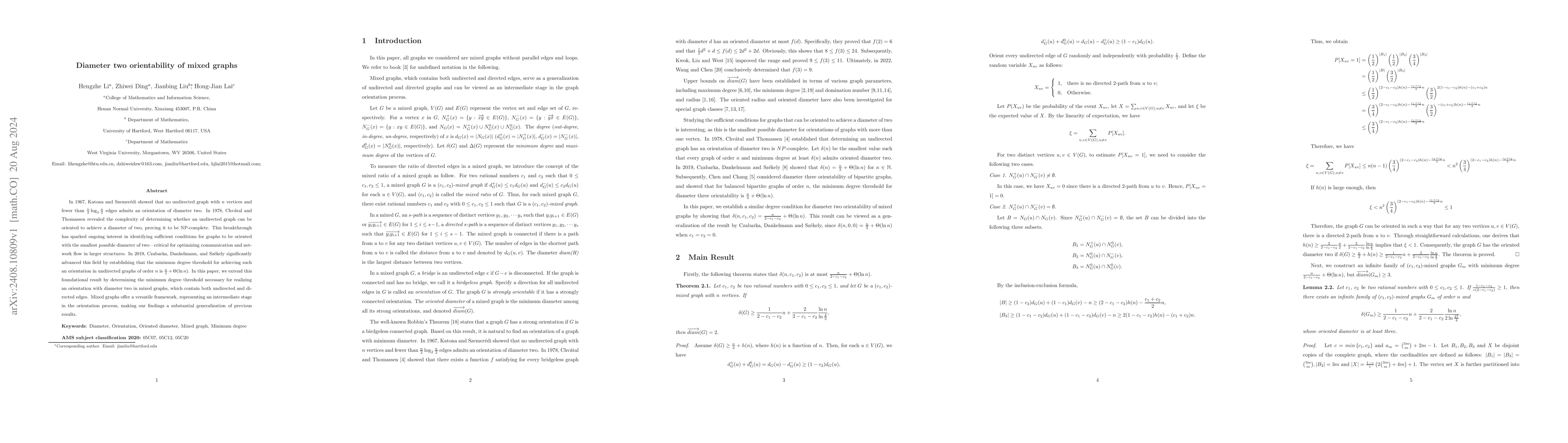 Thumbnail for Diameter two orientability of mixed graphs