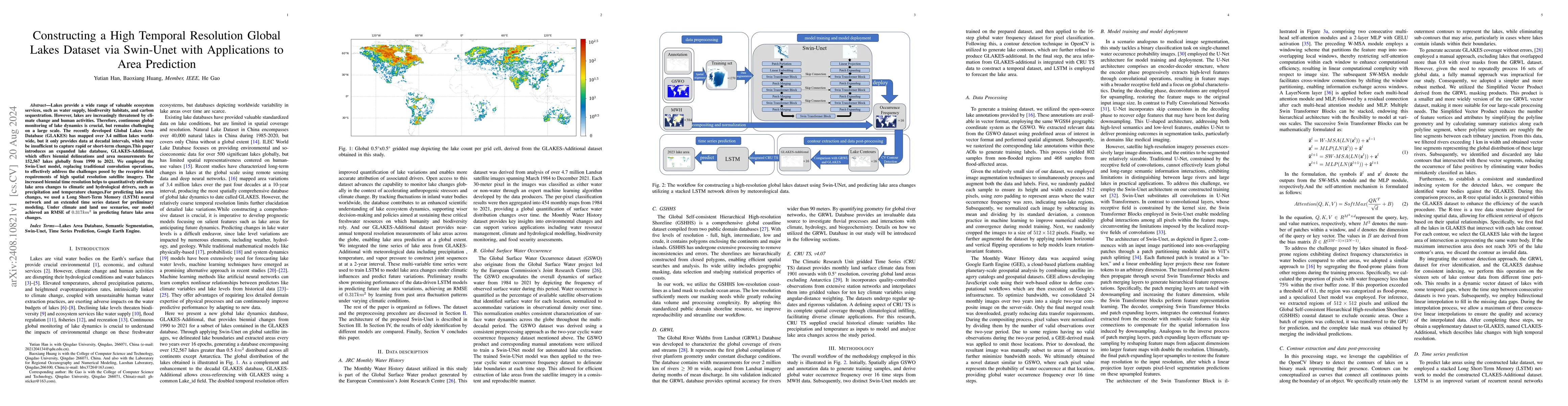 Thumbnail for Constructing a High Temporal Resolution Global Lakes Dataset via
  Swin-Unet with Applications to Area Prediction