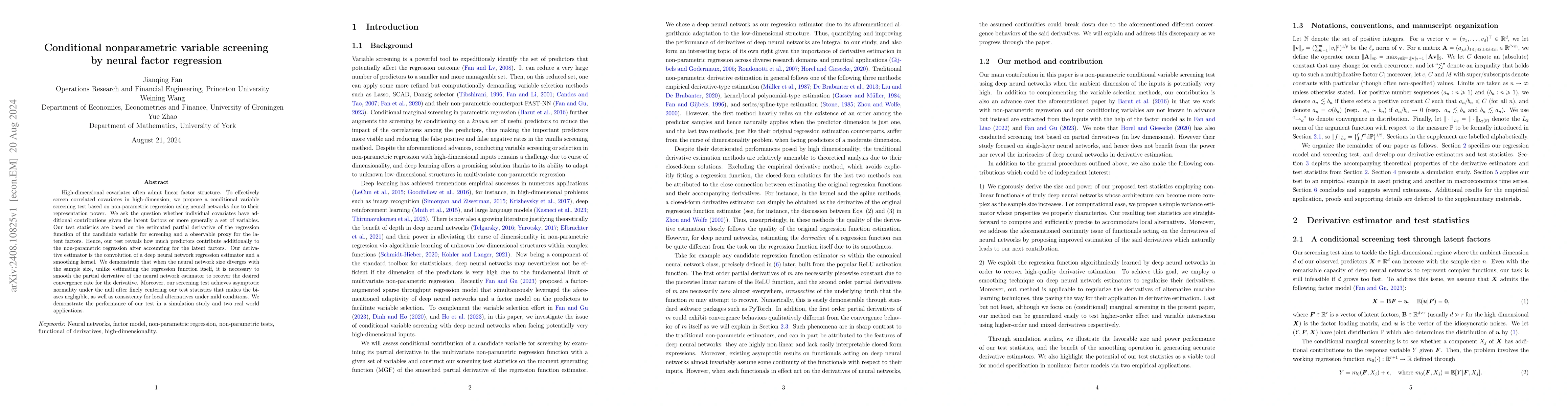 Thumbnail for Conditional nonparametric variable screening by neural factor regression