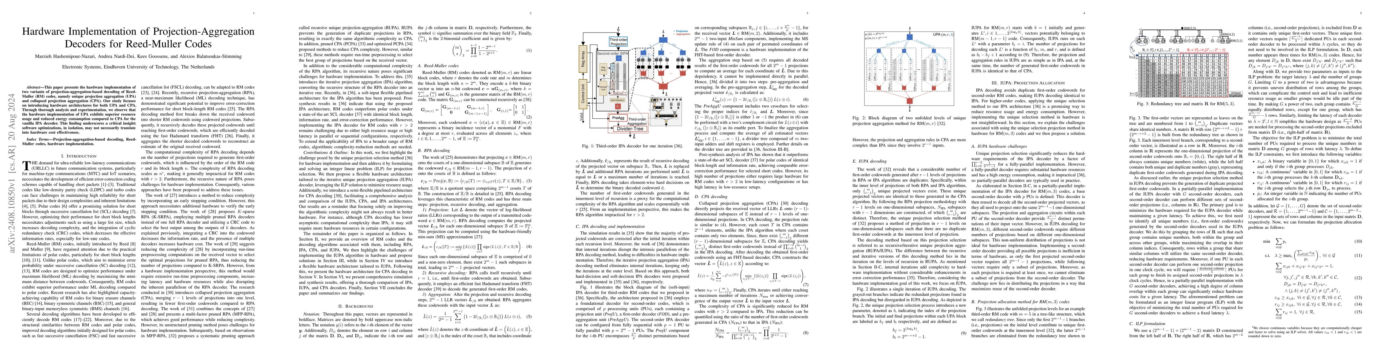 Thumbnail for Hardware Implementation of Projection-Aggregation Decoders for
  Reed-Muller Codes