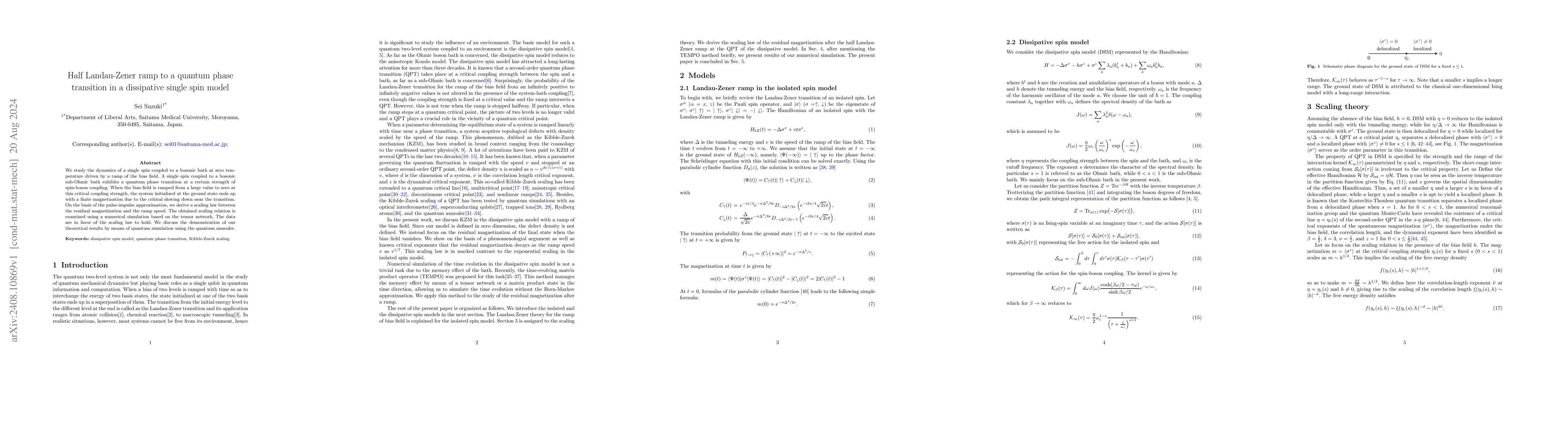 Thumbnail for Half Landau-Zener ramp to a quantum phase transition in a dissipative
  single spin sodel