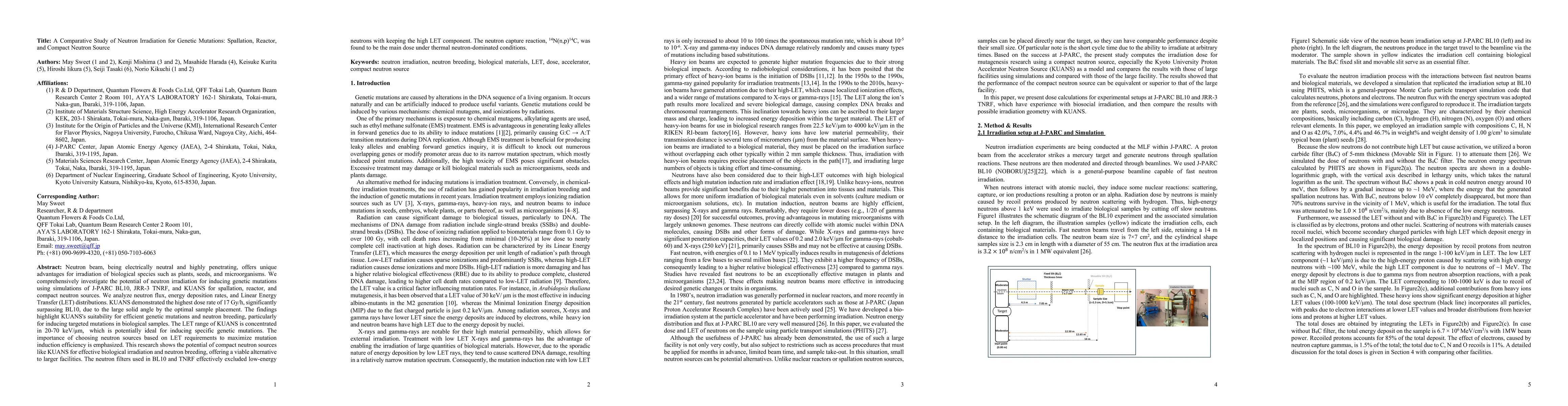 Thumbnail for A Comparative Study of Neutron Irradiation for Genetic Mutations:
  Spallation, Reactor, and Compact Neutron Source