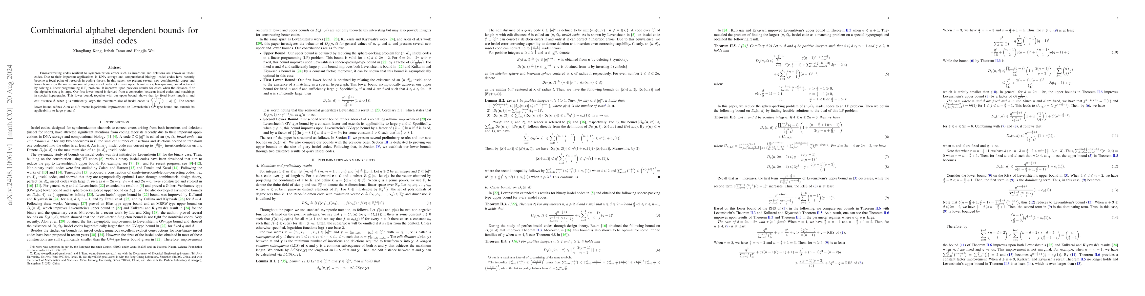 Thumbnail for Combinatorial alphabet-dependent bounds for insdel codes