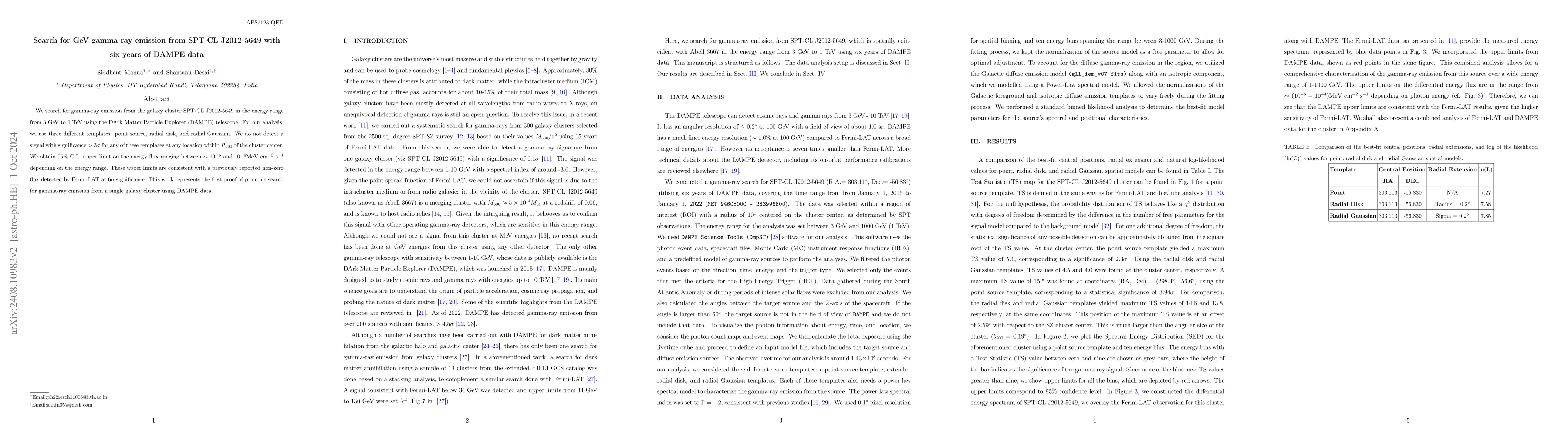 Thumbnail for Search for GeV gamma-ray emission from SPT-CL J2012-5649 with six years
  of DAMPE data