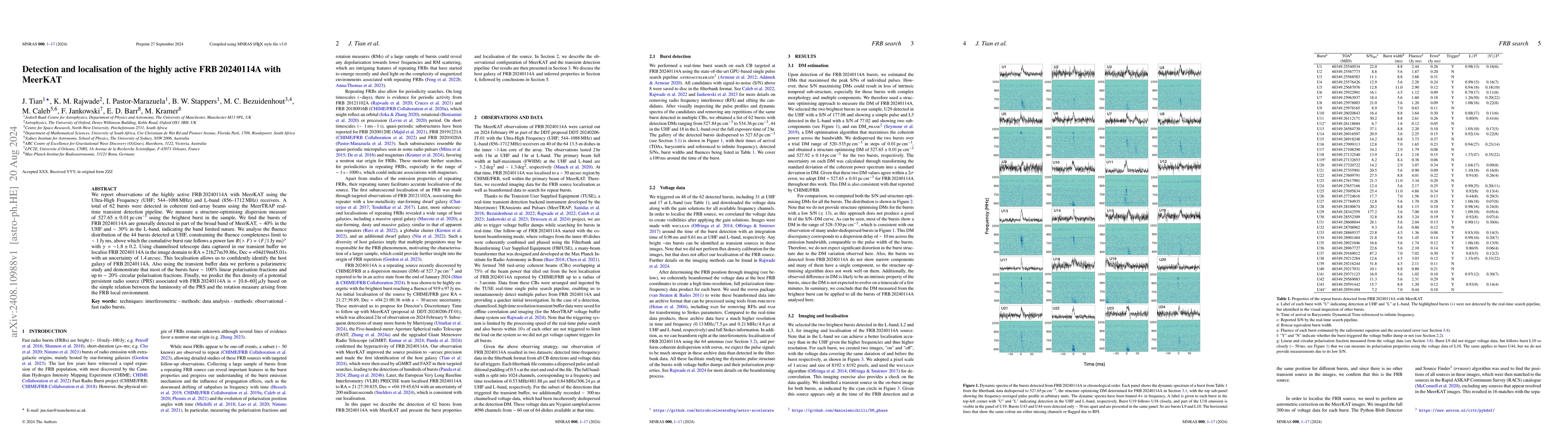 Thumbnail for Detection and localisation of the highly active FRB 20240114A with
  MeerKAT