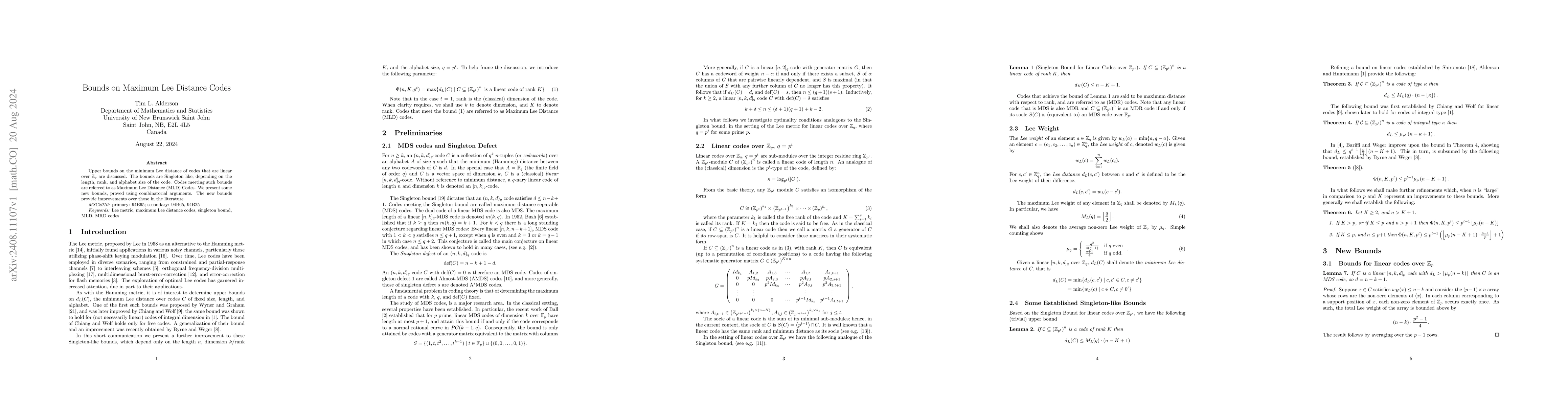 Thumbnail for Bounds on Maximum Lee Distance Codes