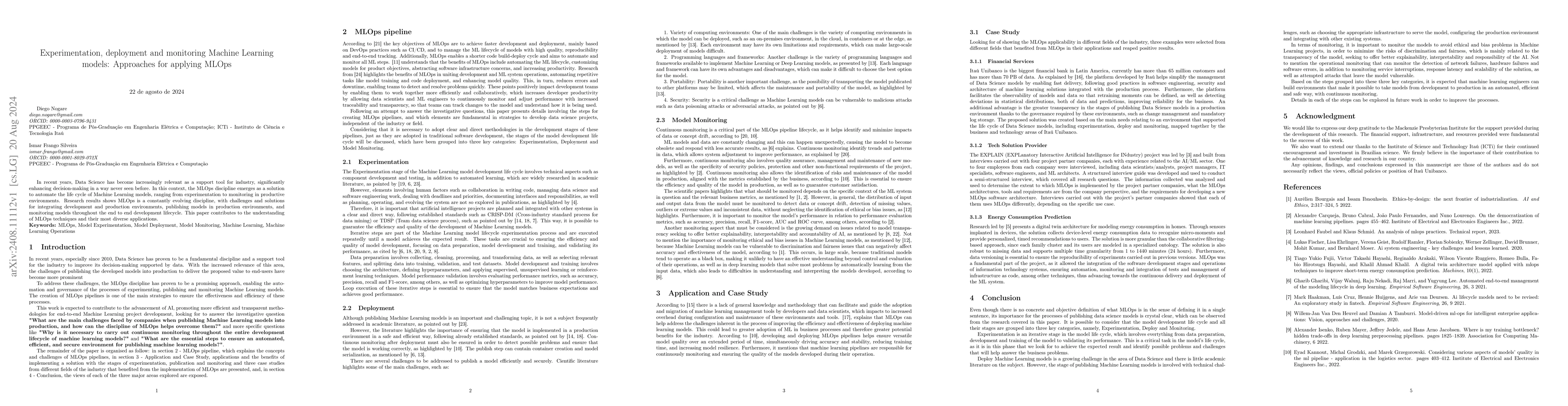 Thumbnail for Experimentation, deployment and monitoring Machine Learning models:
  Approaches for applying MLOps