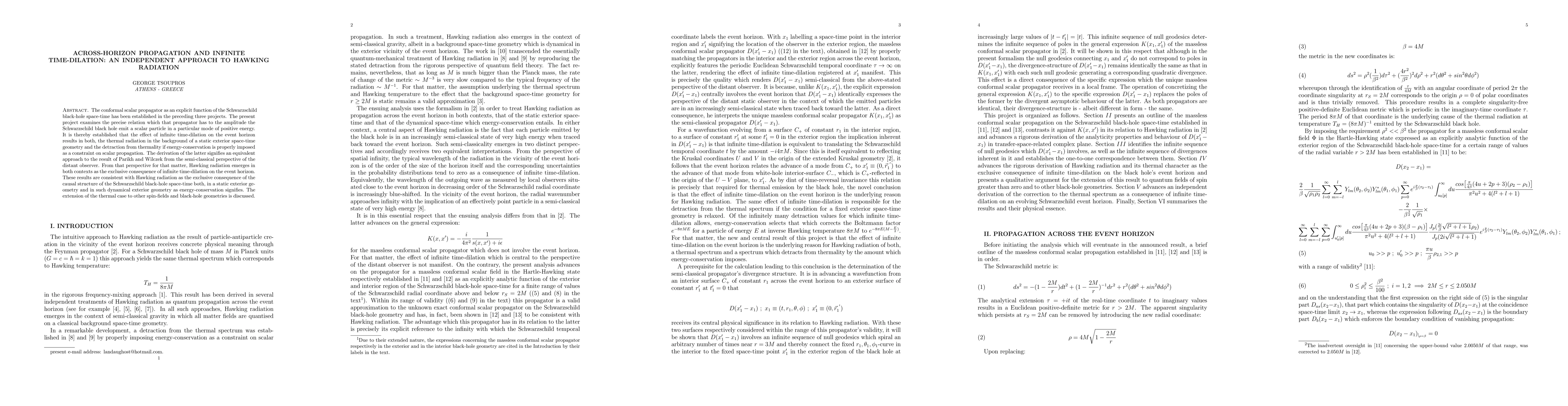 Thumbnail for Across-Horizon Propagation and Infinite Time-Dilation: An Independent
  Approach to Hawking Radiation