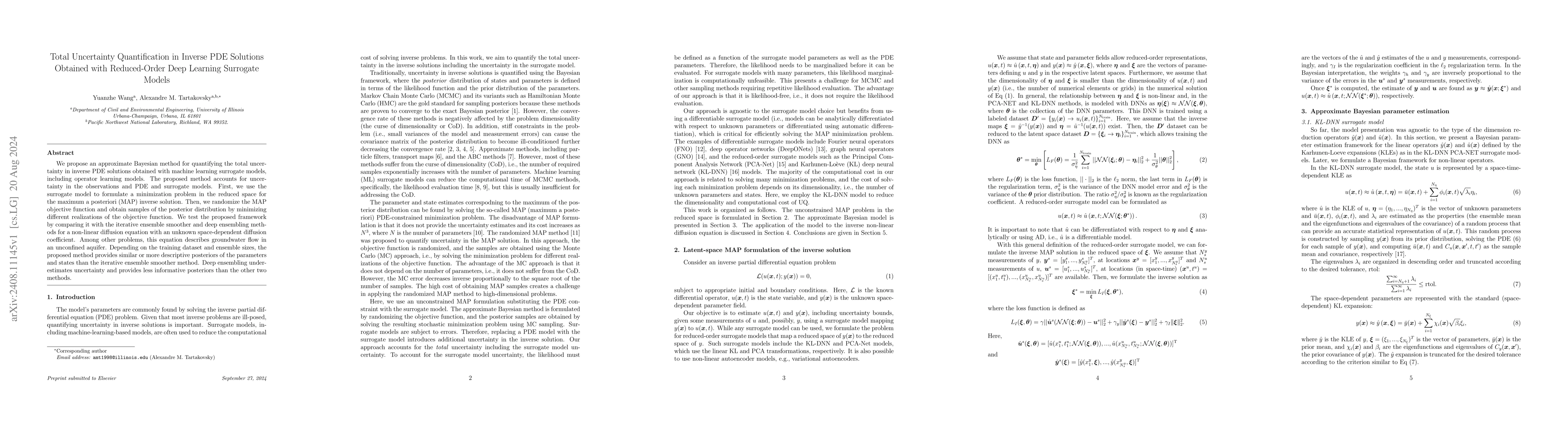 Thumbnail for Total Uncertainty Quantification in Inverse PDE Solutions Obtained with
  Reduced-Order Deep Learning Surrogate Models