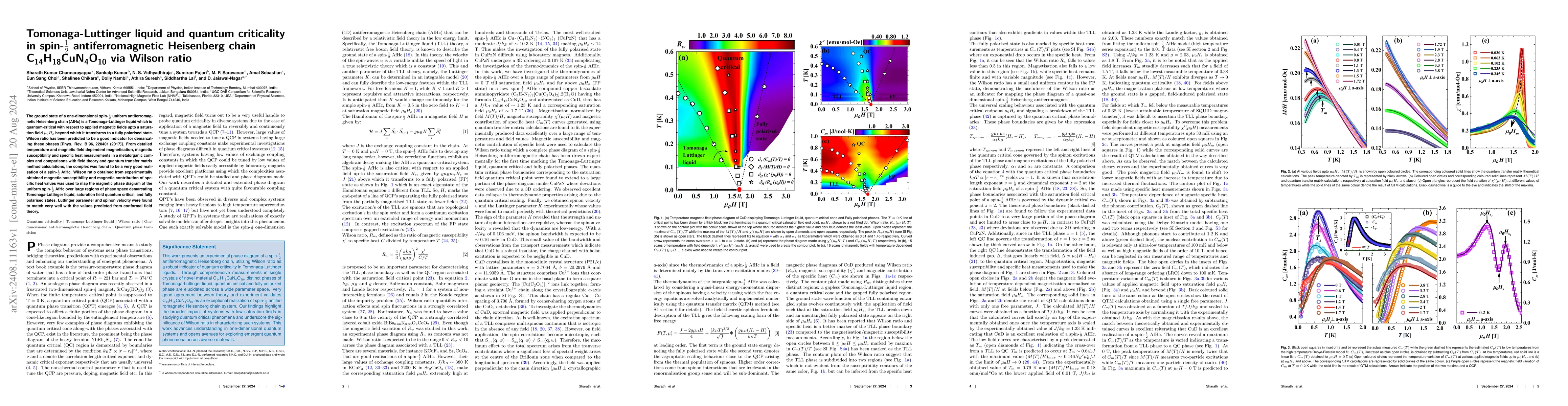 Thumbnail for Tomonaga-Luttinger liquid and quantum criticality in spin-1/2
  antiferromagnetic Heisenberg chain C14H18CuN4O10 via Wilson ratio