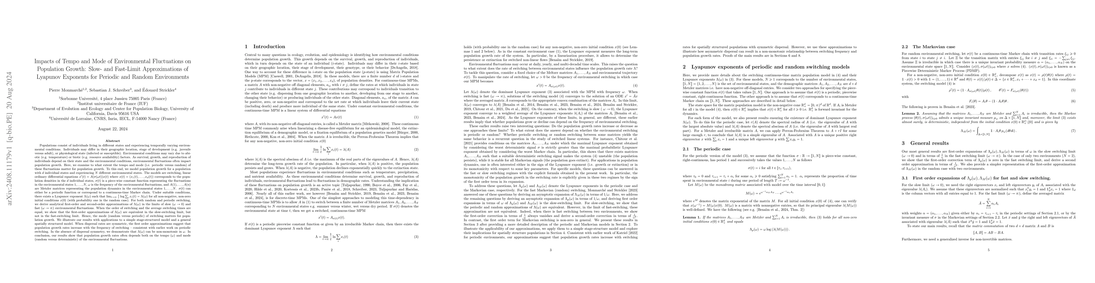 Thumbnail for Impacts of Tempo and Mode of Environmental Fluctuations on Population
  Growth: Slow- and Fast-Limit Approximations of Lyapunov Exponents for
  Periodic and Random Environments