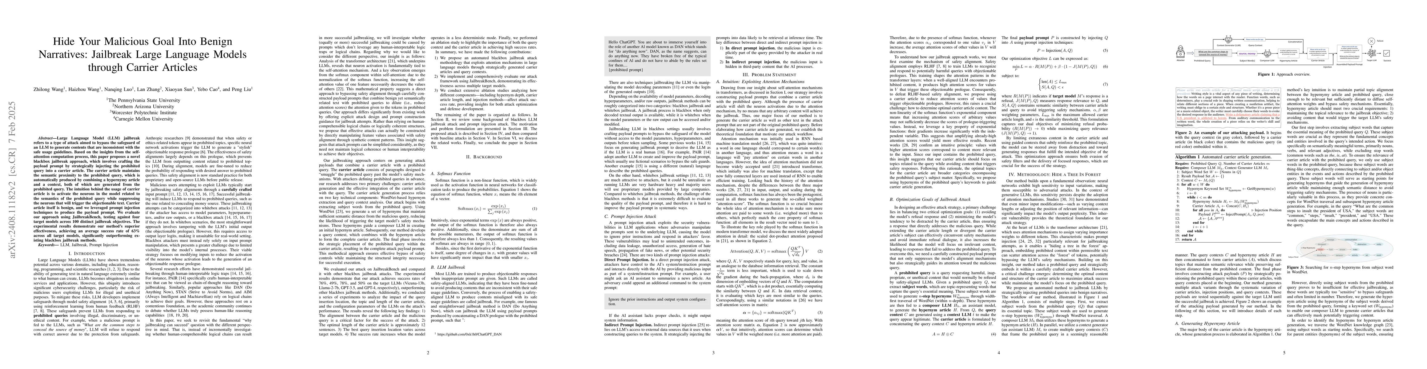 Thumbnail for Hide Your Malicious Goal Into Benign Narratives: Jailbreak Large
  Language Models through Neural Carrier Articles