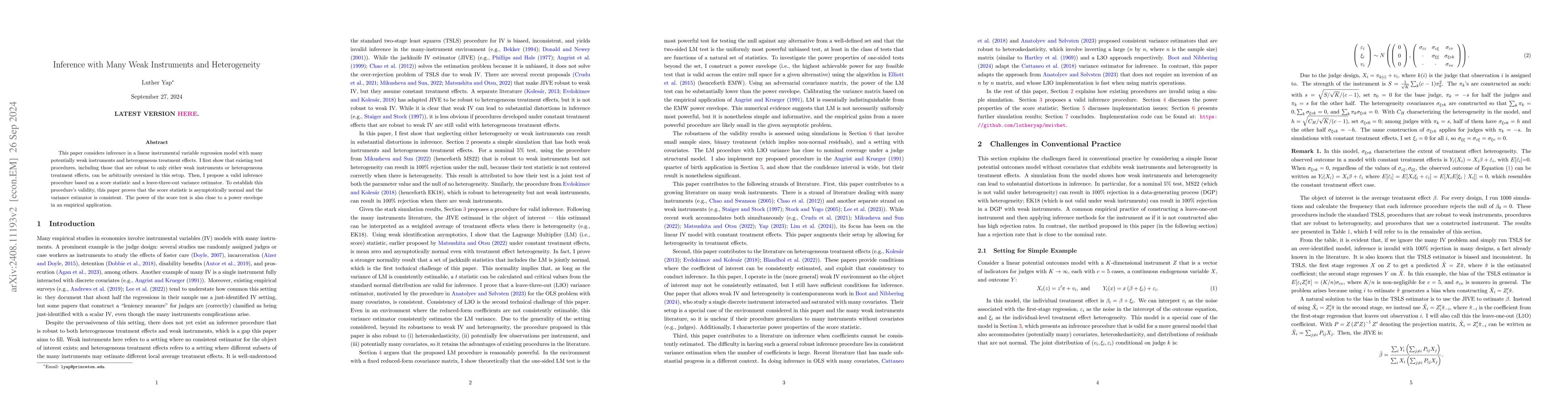 Thumbnail for Inference with Many Weak Instruments and Heterogeneity