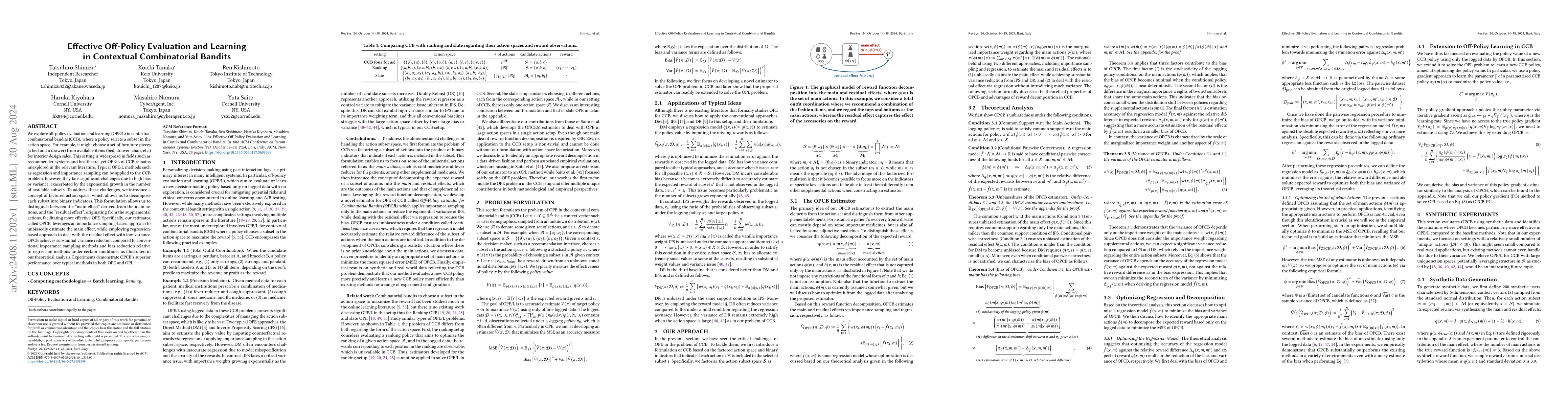 Thumbnail for Effective Off-Policy Evaluation and Learning in Contextual Combinatorial
  Bandits
