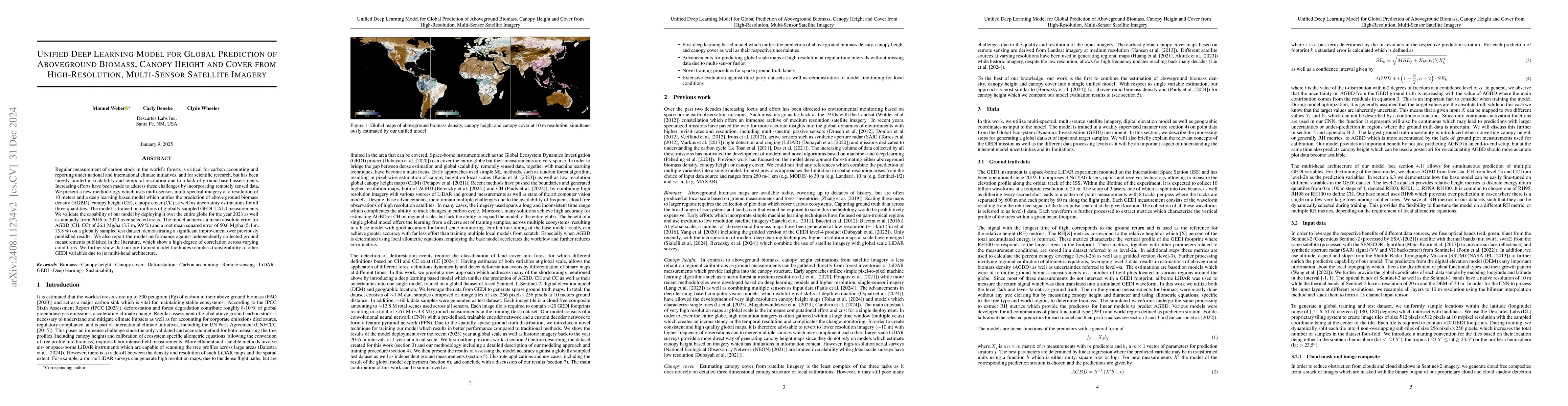 Thumbnail for Unified Deep Learning Model for Global Prediction of Aboveground
  Biomass, Canopy Height and Cover from High-Resolution, Multi-Sensor Satellite
  Imagery