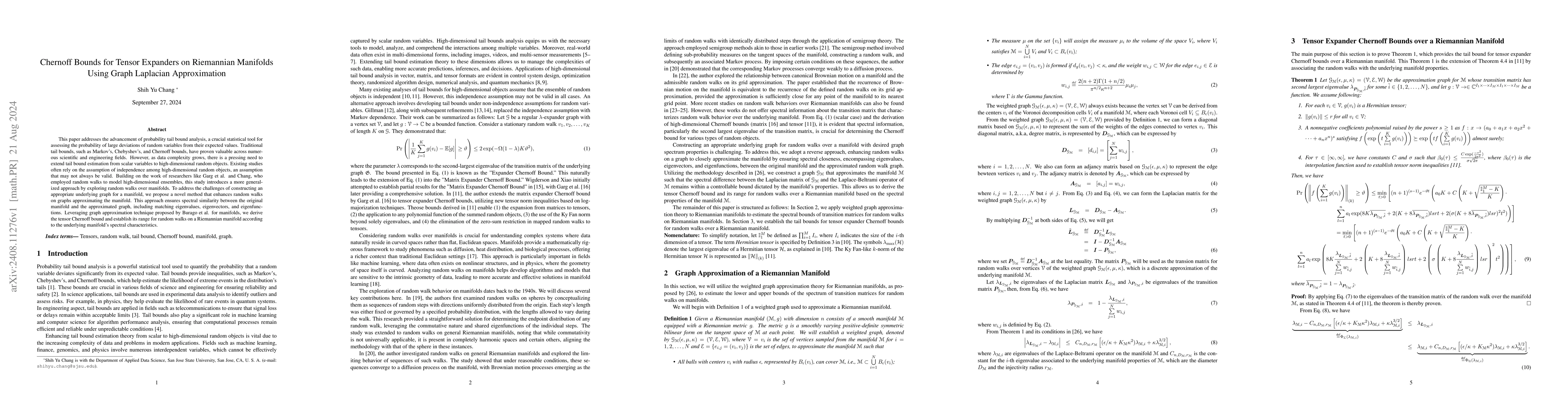 Thumbnail for Chernoff Bounds for Tensor Expanders on Riemannian Manifolds Using Graph
  Laplacian Approximation
