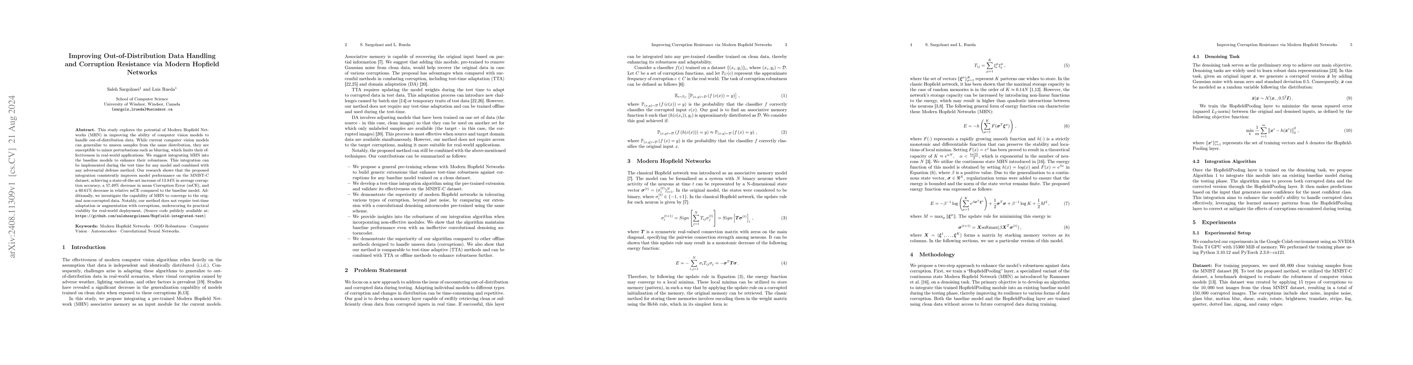 Thumbnail for Improving Out-of-Distribution Data Handling and Corruption Resistance
  via Modern Hopfield Networks