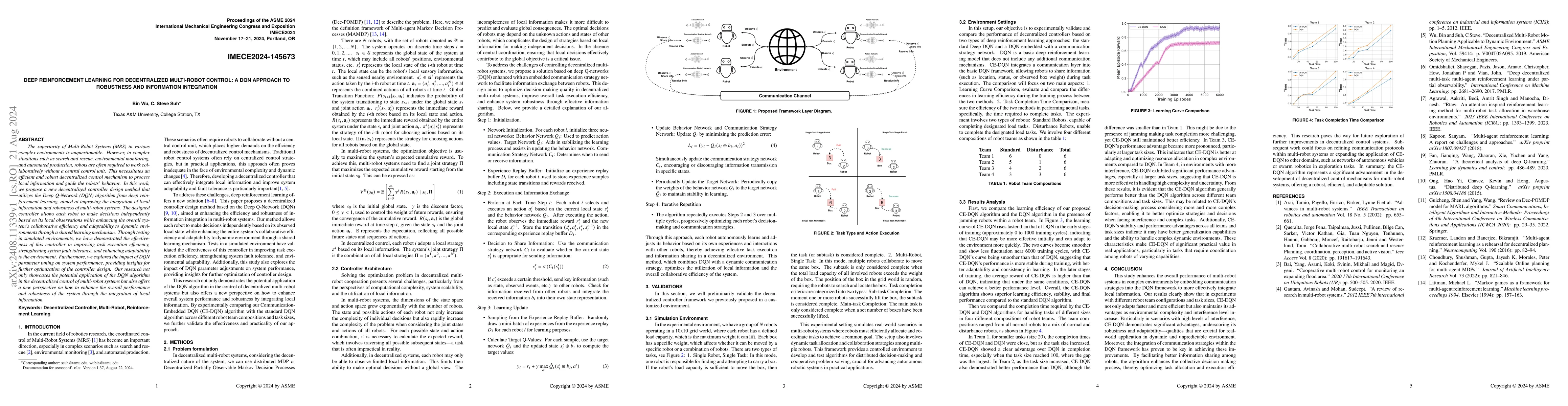Thumbnail for Deep Reinforcement Learning for Decentralized Multi-Robot Control: A DQN
  Approach to Robustness and Information Integration
