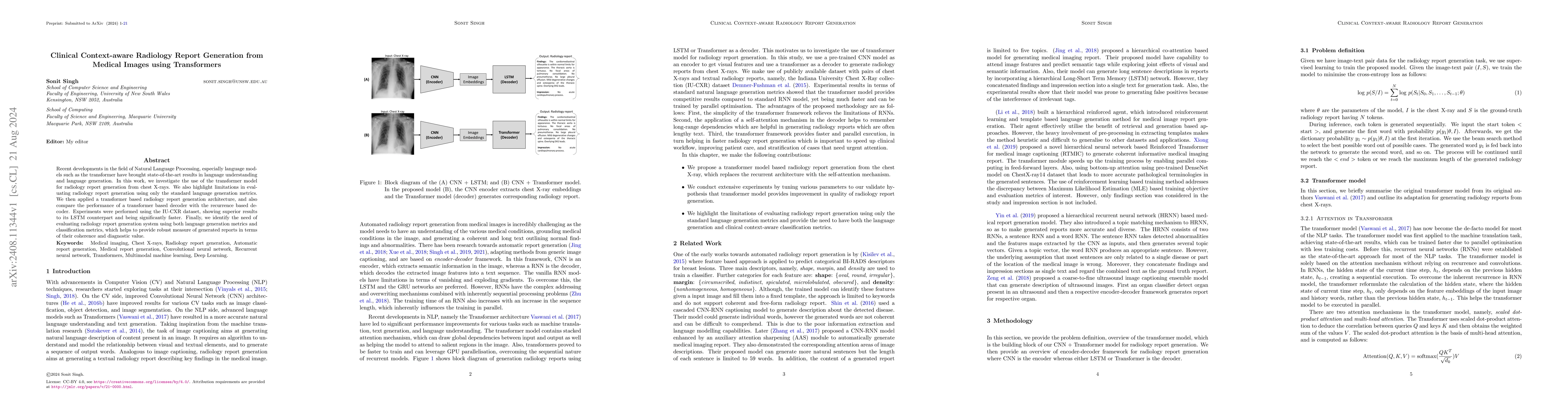 Thumbnail for Clinical Context-aware Radiology Report Generation from Medical Images
  using Transformers