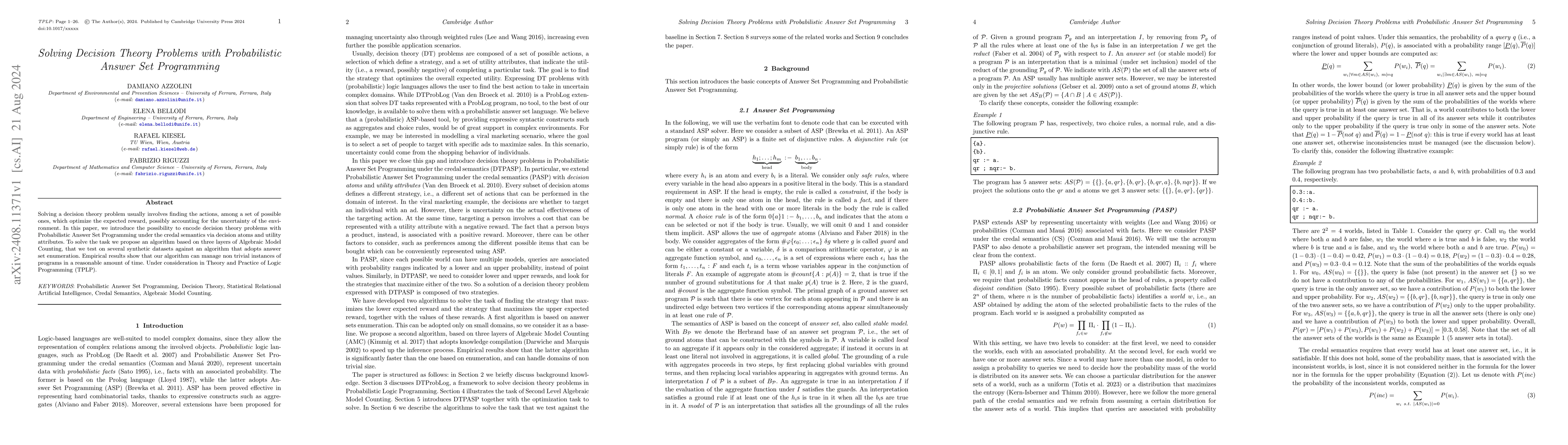 Thumbnail for Solving Decision Theory Problems with Probabilistic Answer Set
  Programming