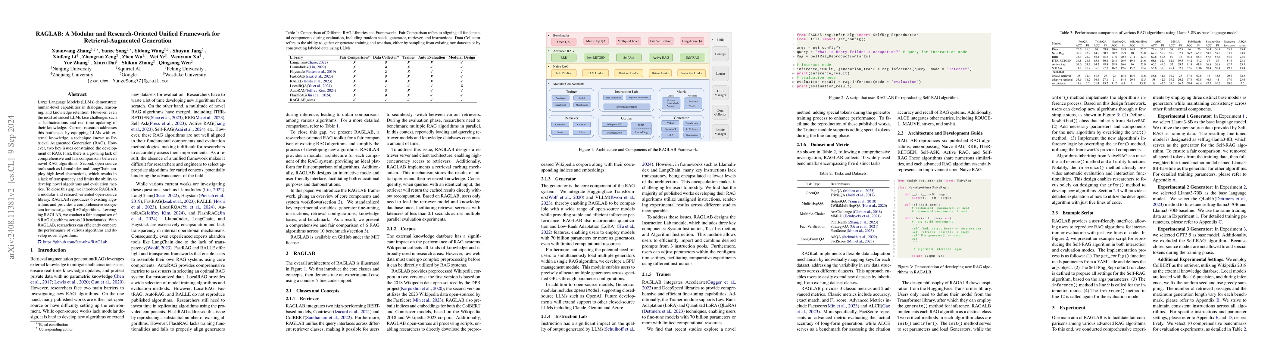 Thumbnail for RAGLAB: A Modular and Research-Oriented Unified Framework for
  Retrieval-Augmented Generation