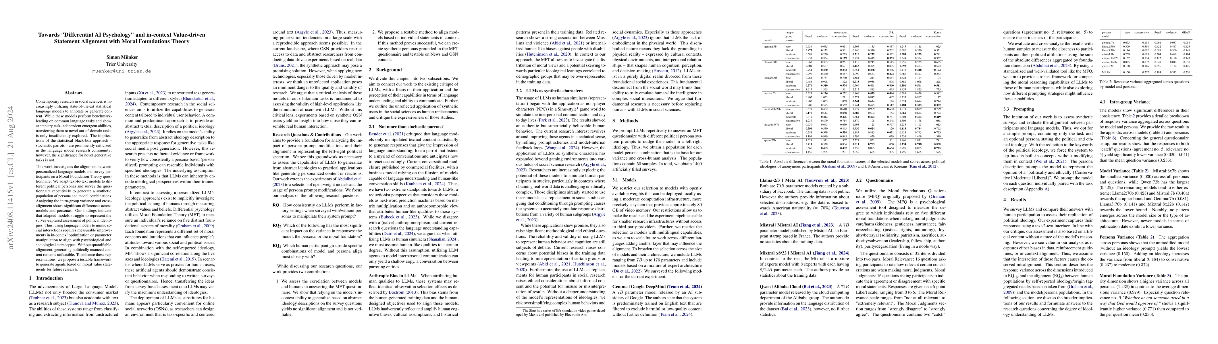 Thumbnail for Towards "Differential AI Psychology" and in-context Value-driven
  Statement Alignment with Moral Foundations Theory