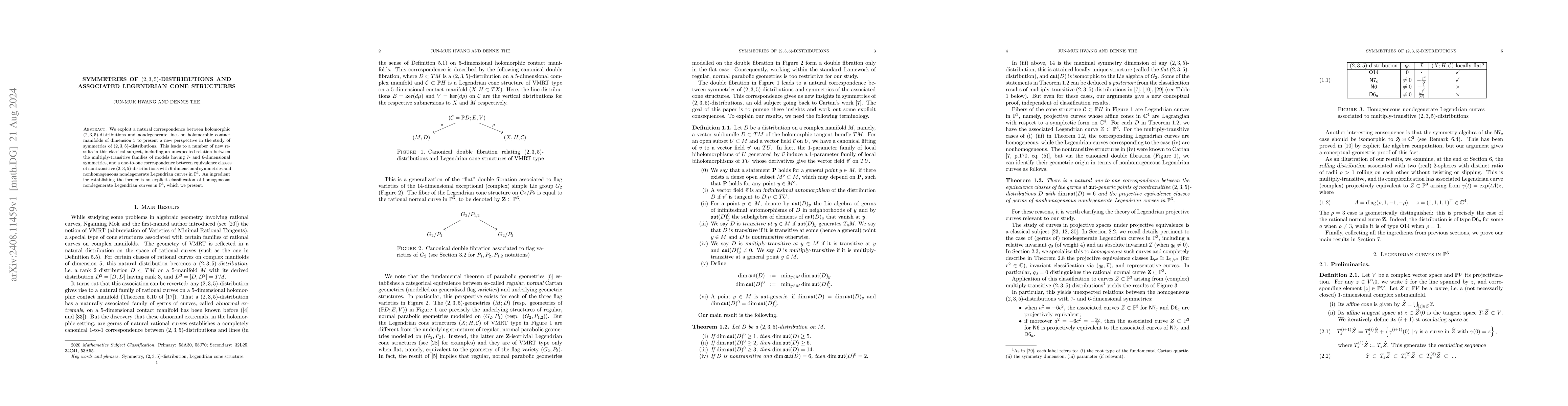Thumbnail for Symmetries of $(2,3,5)$-distributions and associated Legendrian cone
  structures